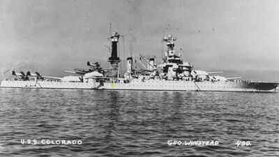 In 1944, Japanese shore guns hit USS Colorado 22 times off Tinian, killing 43 and wounding 198; the battleship stayed in action and fired back