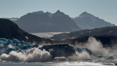 Scientists aboard RRS Sir David Attenborough watched a 1km-wide, 100m-thick section of Greenland’s Sorgenfri glacier break away, weighing an estimated 18 million tonnes
