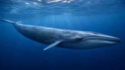 Blue whales can weigh 330,000 pounds, eat six tons of krill a day and communicate through powerful underwater songs