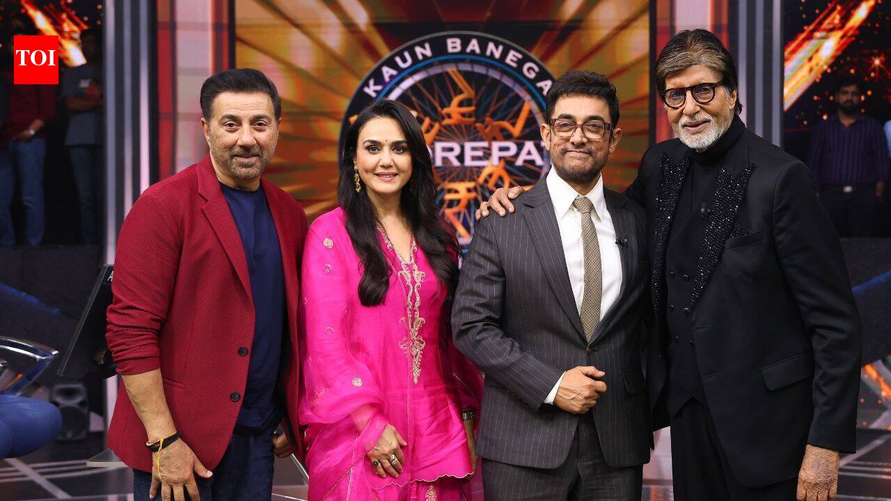 Amitabh Bachchan, Aamir Khan, and Sunny Deol together on the set of Kaun Banega Crorepati 18.