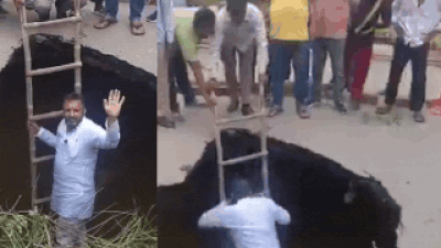 ‘Searching for development in Patal Lok’: UP SP leader descends into 20-ft-deep pit after road cave-in