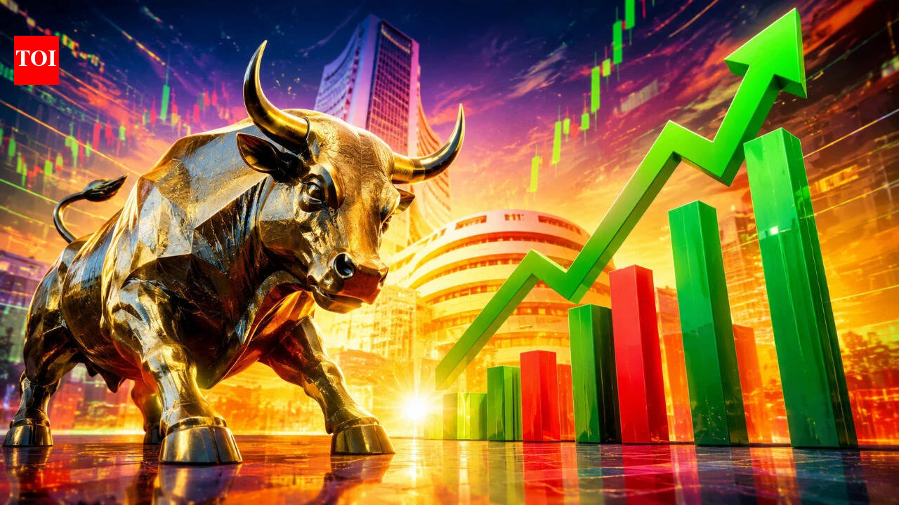 Golden bull statue next to a rising bar chart against a city skyline.