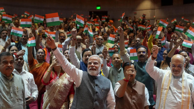 PM Modi, Amit Shah attend NDA’s ‘Mangal Milan’ meet, wave Tiranga