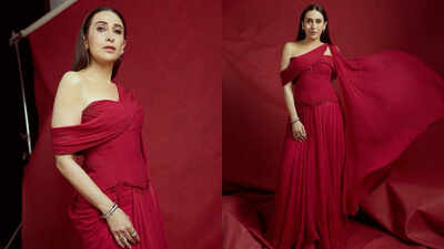 Karisma Kapoor stuns in a dramatic crimson saree-gown
