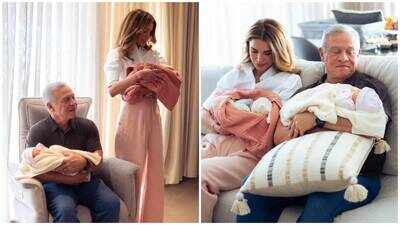Jordan's Queen Rania shares first photos of twin granddaughters Talia and Rania, cradles newborns; King Abdullah II joins after Princess Iman welcomes daughters