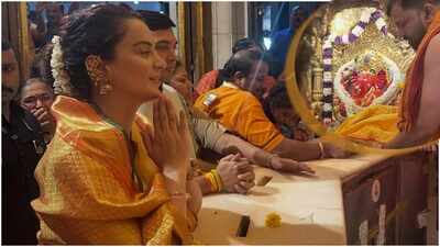 Kangana Ranaut seeks blessings at Shree Siddhivinayak and Mumba Devi temples; her graceful look in orange kanjivaram melts hearts