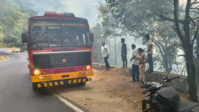 Fire breaks out near 25th hairpin bend on Bannari Ghat Road in Erode district, extinguished