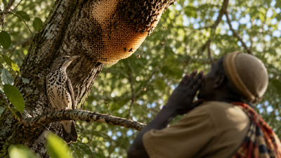 African honeyguide birds recognise local calls from honey hunters to help find hidden bee nests