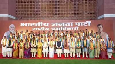 PM Modi meets BJP’s new 65-member national team at party headquarter
