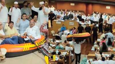 AAP councillors sail into MCD House with inflatable boat over Delhi’s waterlogging fury