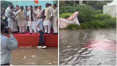 ‘Swimming pool at Talkatora Stadium’: AAP mocks BJP over waterlogging at Nitin Nabin event