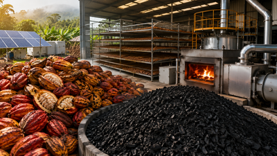 Vietnamese cocoa processor converts 5,000 tons of discarded pods into biochar and clean energy, turning cocoa waste into heat that cuts drying time from 15 days to 7