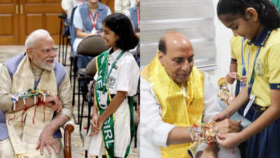 PM Modi, Rajnath celebrate Rakshabandhan with schoolgirls & NCC cadets; Kharge, Rahul extend wishes