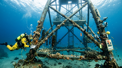 Divers turned a floating wind turbine off Spain into an underwater farm; oysters, clams, mussels and green algae now grow beneath it