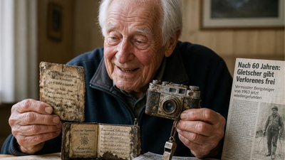 In 1963, a German mountain climber lost his belongings after falling into a crevasse; today, melting Alpine glaciers reunite the 86-year-old man with his deteriorated documents, camera, and whistle