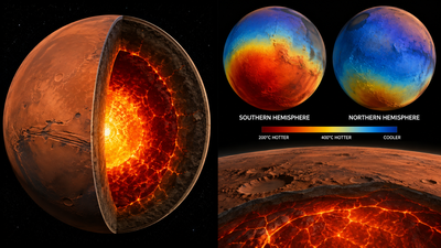 Scientists discovered Mars' southern interior is 200-400°C hotter than its northern half; the planet may be partly molten beneath the surface