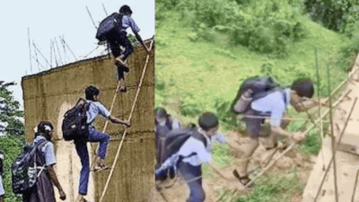 Swollen river below, unfinished bridge above: Chhattisgarh kids brave raging water to reach school