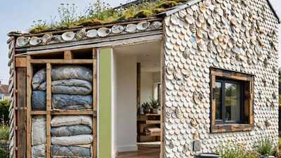 A British house was built with old duvets inside its walls and oyster shells on its exterior to show how everyday waste could be reused in construction