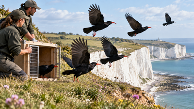 In 2019, conservationists brought red-billed choughs back to Kent after 200 years; 35 birds are now living there