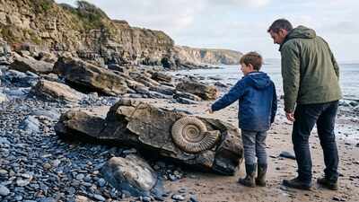 In 2023, a 9-year-old walking a Welsh beach with his father looked up at a cliff and spotted a giant coil; it was a rare 200-million-year-old ammonite