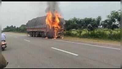Truck with plastic raw materials catches fire, driver unhurt