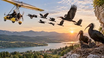 Scientists used a microlight aircraft to teach bald ibises a migration route; years later, Europe got its first self-sustaining colony in 400 years