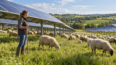 A UK farmer started with 20 sheep on 18 acres; free grazing beneath solar panels helped her expand to more than 200 sheep and 250 acres