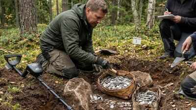 A metal detectorist uncovered 4.5 kg of Viking-era silver in Finland; thousands of coins were buried in two birch-bark containers