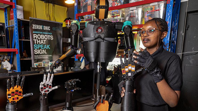 A 22-year-old Kenyan engineer built 3D-printed robotic hands from recycled plastic; she now translates teachers' voices into sign language for deaf children