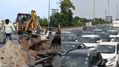 Noida elevated road caves in, 10x5x3-foot pothole triggers traffic chaos near Sector 28