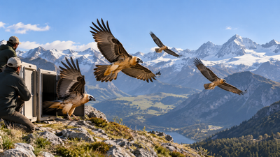 In 1986, scientists released captive-bred bearded vultures into the Alps; 35 years later, 344 birds lived there, most wild-born