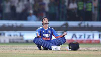 Abhishek Sharma pulls off yoga celebration after smashing fastest T20I century by Indian - WATCH
