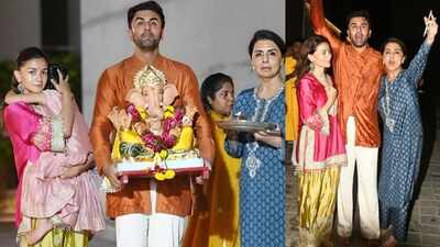 Ranbir Kapoor, Alia Bhatt, Neetu Kapoor perform Ganpati Visarjan, hide Raha's face while posing for the paparazzi, chant 'Ganpati Bappa Morya' - PICS inside