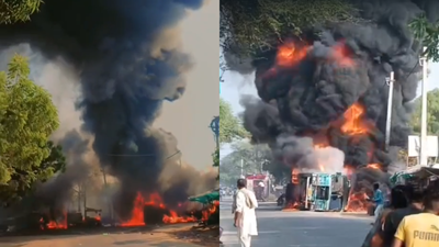 Chemical-laden tanker catches fire in Haryana’s Behal; blaze spreads to roadside stalls