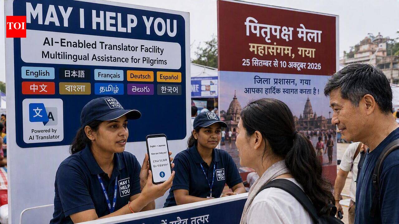 A pilgrim interacts with an AI-enabled Google Translator counter at the Pitripaksh Mela in Gaya, with a mobile app interface overlaid.