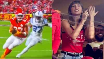 Proud wife Taylor Swift celebrates Travis Kelce's touchdown; points to wedding ring and says 'That's my husband' - WATCH
