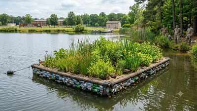 US Army built an 11-by-8-foot floating island from recycled plastic bottles; native plants now help clean water and shelter wildlife