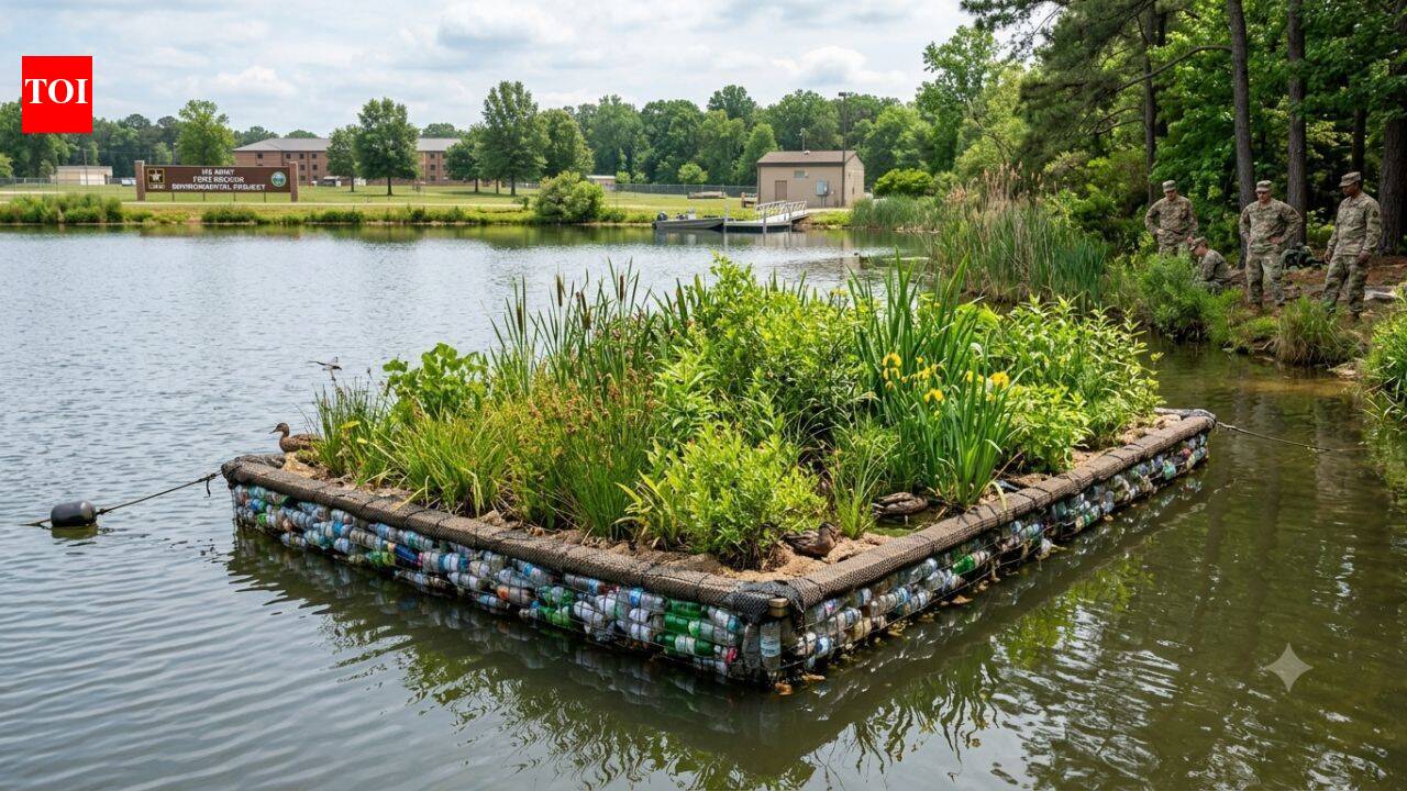 US Army builds floating island from recycled plastic bottles for wildlife