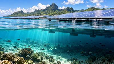 Floating solar panels sharply reduce light reaching the seabed in French Polynesia while having no detectable effect on lagoon water temperature