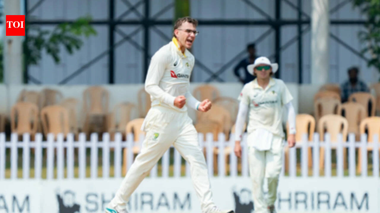 Todd Murphy celebrates a wicket during the Australia A vs India A unofficial Test in Puducherry