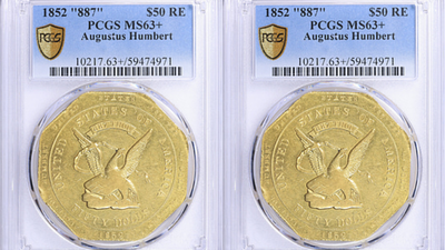 An 1852 California Gold $50 coin from the Gold Rush era sold for $367,875 on September 6; the rare piece was one of eight territorial coins in a collection that drew 475 bids from collectors