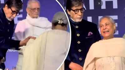 Amitabh Bachchan plays the doting husband; helps Jaya Bachchan on stage at book launch event with Gulzar- WATCH
