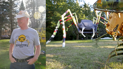 A Pennsylvania man started welding old car parts into sculptures in 1988; his Erie front yard now has a two-headed dinosaur and rocket ship