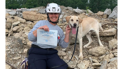 A severely malnourished stray rescued in Mississippi in 2021 became a FEMA-certified search dog; years later, Canyon is 2026 Dog of the Year