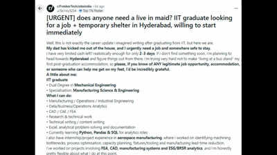 IIT graduate has just 2-3 days’ money after being kicked out by father: Asks ‘Does anyone need a live-in maid?’ in desperate job plea