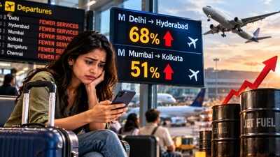 Flight fares soar: Delhi-Hyderabad up 68%, Mumbai-Kolkata 51% as fewer services and higher fuel costs squeeze travellers; IndiGo raises fuel surcharge by up to Rs 350
