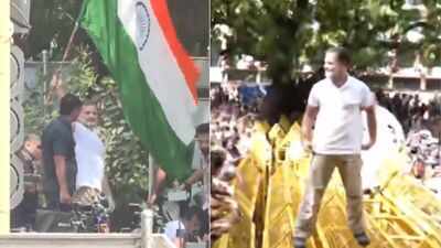 Watch: Rahul Gandhi climbs barricades, waves Tricolour as cops stop INDIA bloc march against CEC
