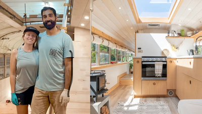 This Canadian couple bought a retired school bus for $7,200; after a year and $30,000 in renovations, it became a full-sized home with a king bedroom, kitchen, bathroom and solar power