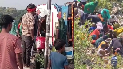 Sonbhadra tanker overturns with 24,000 litres diesel; locals rush to collect fuel despite fire risk