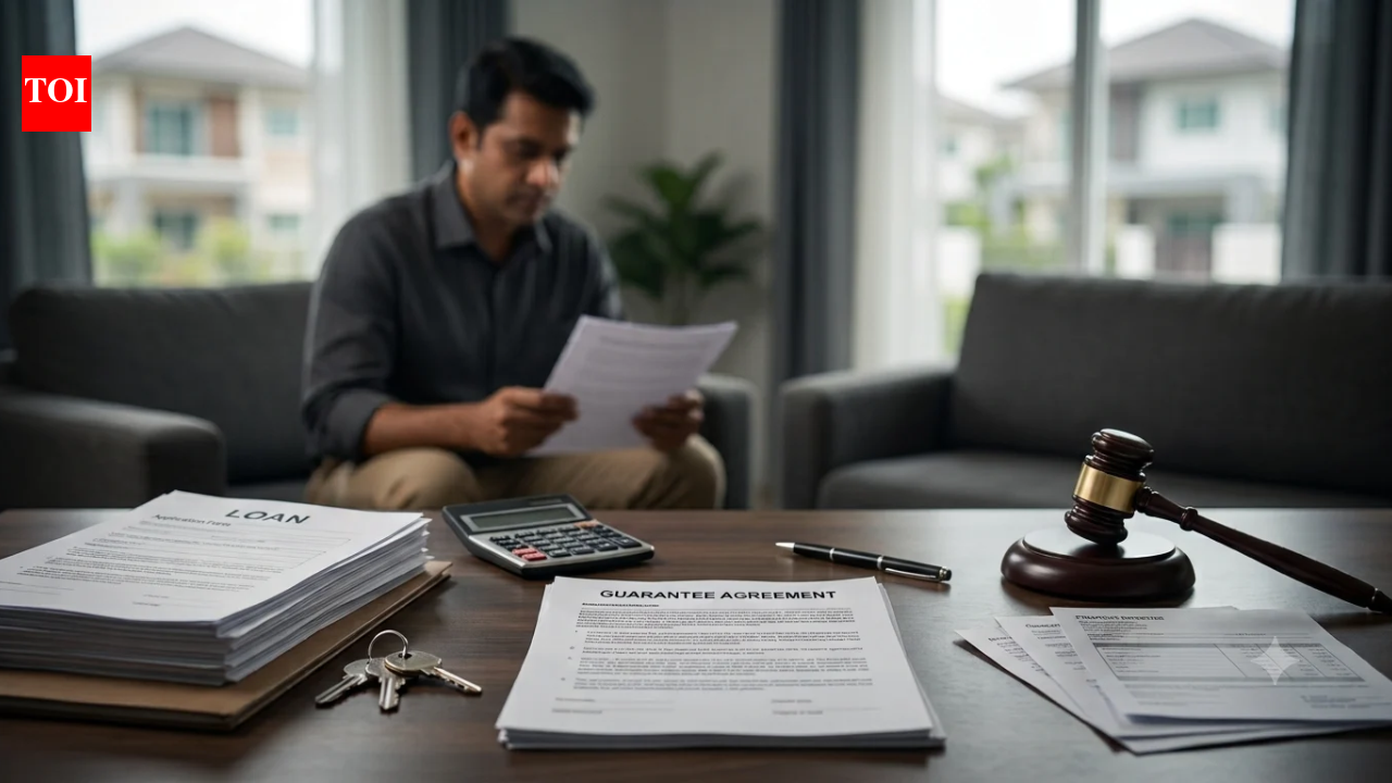 A person's hand signing a loan guarantee document, with a backdrop of blurred financial papers and a bank's symbol, symbolizing financial risk.